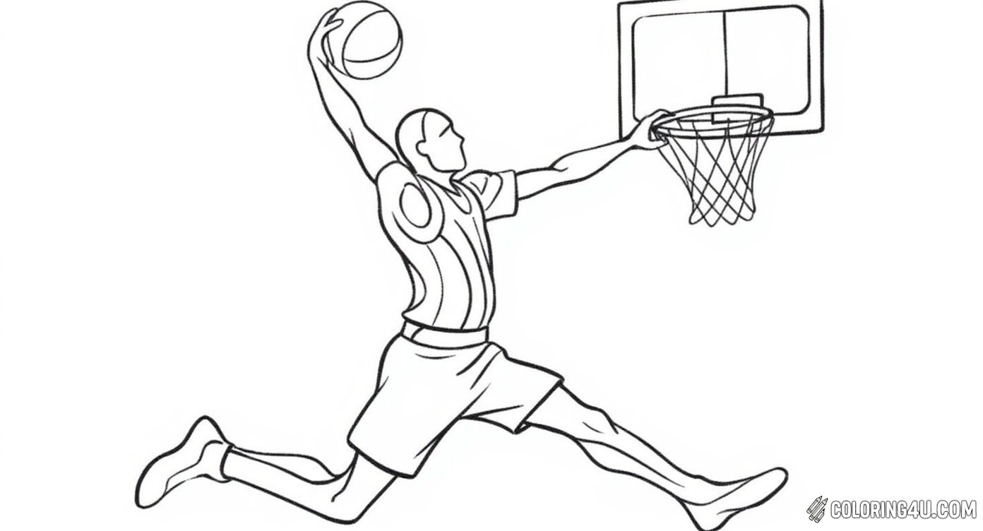 Bring this exciting basketball scene to life by coloring a player leaping for a slam dunk! The big basketball in the background and cool lettering will inspire kids to use energetic colors and imagine the thrill of the game.