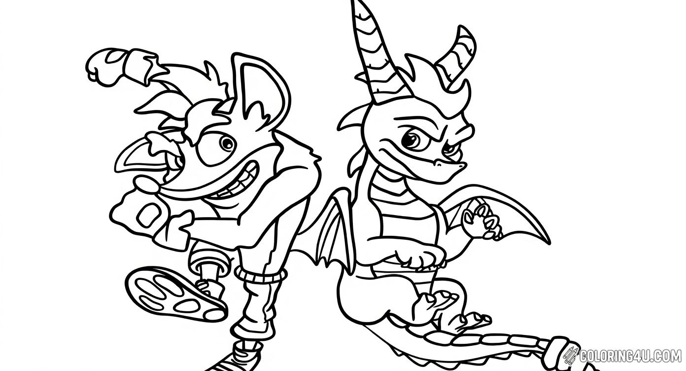 This fun coloring page features two iconic video game characters, Crash Bandicoot and Spyro the Dragon, standing back-to-back with confident and playful expressions. Kids will love bringing color to these beloved heroes as they prepare for their adventurous quests.