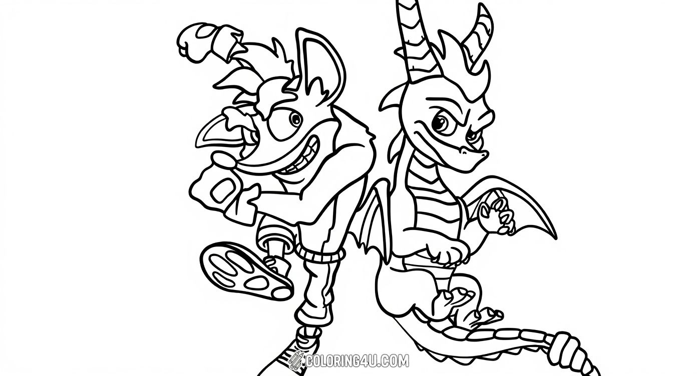 Join Crash Bandicoot and Spyro the Dragon on a fun and exciting adventure in this lively coloring page! Kids can enjoy bringing these two popular video game characters to life with vibrant colors and creative designs.