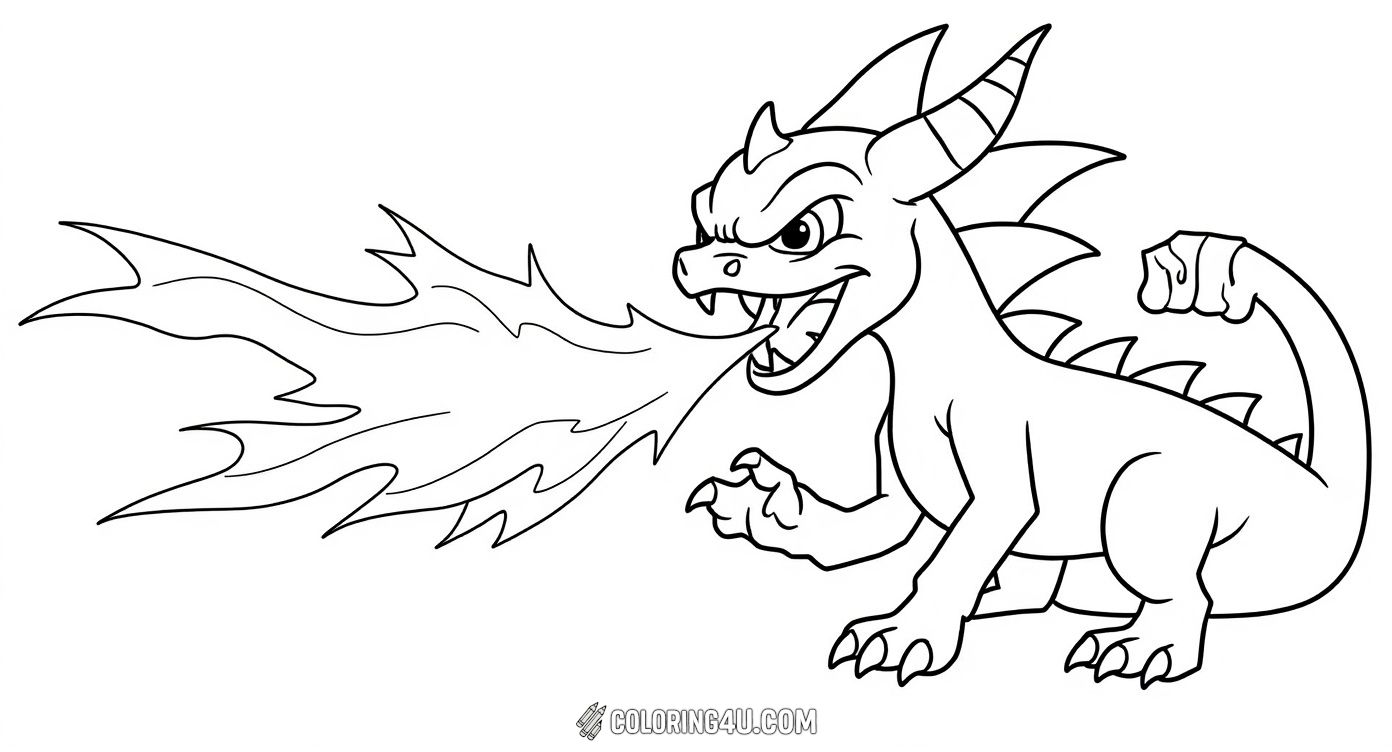 Get ready for some fiery action with Spyro the Dragon as he breathes fire fiercely! This coloring page lets kids explore their imagination while adding bright flames and bold colors to this adventurous scene.