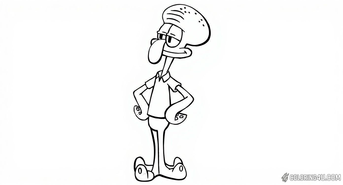 Color in Squidward Tentacles from SpongeBob SquarePants as he stands with his hands on his hips, showing his usual grumpy yet funny expression. Kids will enjoy adding bright colors to this iconic character who lives in Bikini Bottom and always has a humorous take on the ocean world!