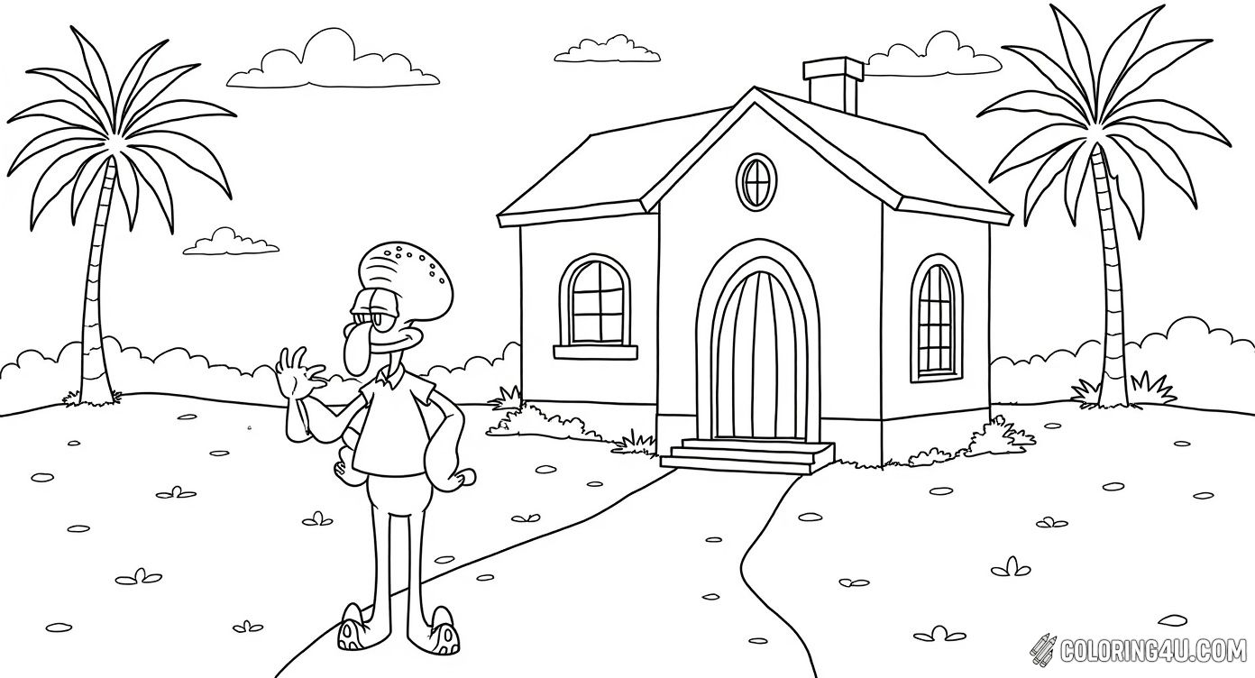 Bring Squidward Tentacles to life as he stands proudly outside his distinctive Easter Island head house in Bikini Bottom. This fun coloring page invites kids to add vibrant colors to Squidward's confident smile and the underwater scene around his unique home!