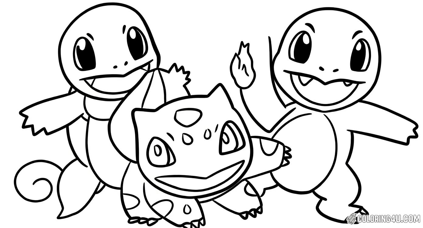 Join Bulbasaur, Charmander, and Squirtle from the Pokémon world as they smile and play together under a starry sky. This fun coloring page is perfect for kids who love these classic starter Pokémon and want to bring their favorite characters to life with bright colors and creativity.