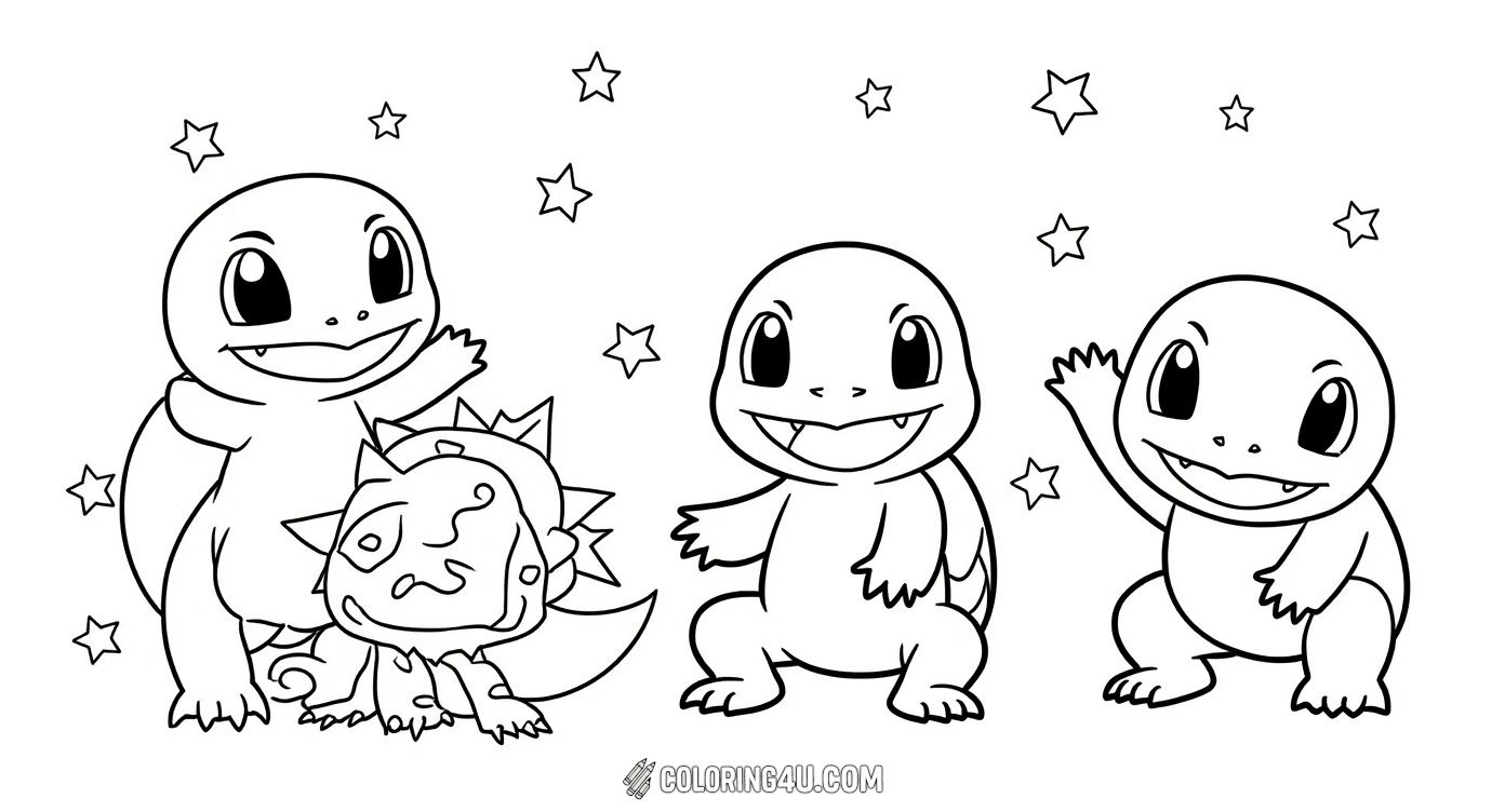 This adorable coloring page features three beloved Pokémon starters: Bulbasaur, Charmander, and Squirtle, surrounded by sparkling stars. Kids can have fun coloring their favorite characters from the Pokémon world and bringing this lively scene to life!