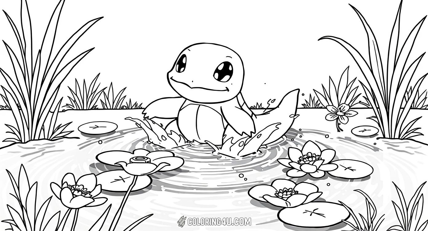This delightful coloring page shows Squirtle joyfully playing in a peaceful pond surrounded by water lilies and dragonflies. Kids will enjoy bringing color to this happy nature scene featuring their favorite water-type Pokémon.
