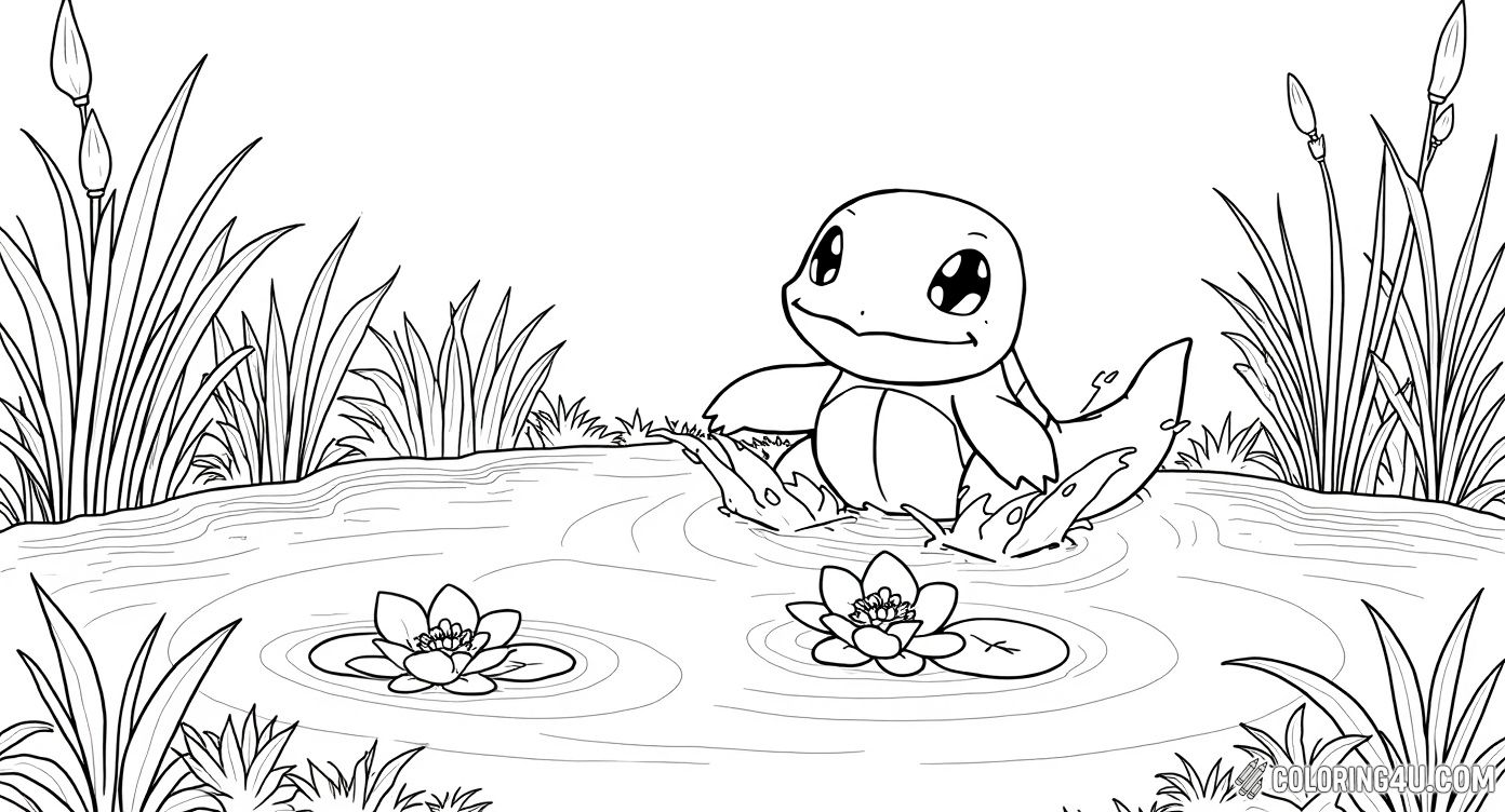 Playful Squirtle In Pond With Nature