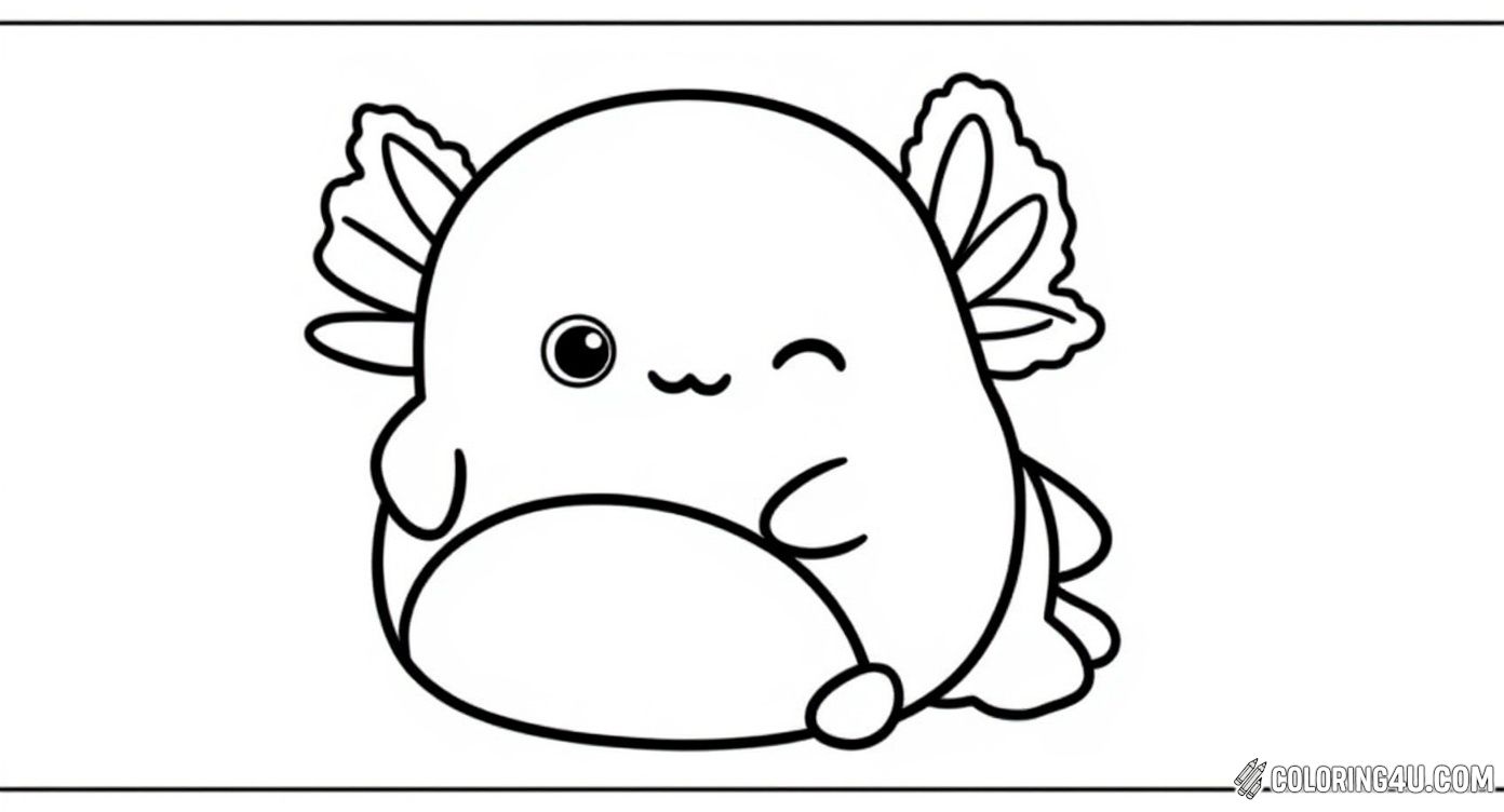 Meet Archie, the cheerful axolotl squishmallow, winking playfully underwater! This simple yet charming coloring page invites kids to add their favorite colors and create a magical underwater friend filled with fun bubbles and personality.