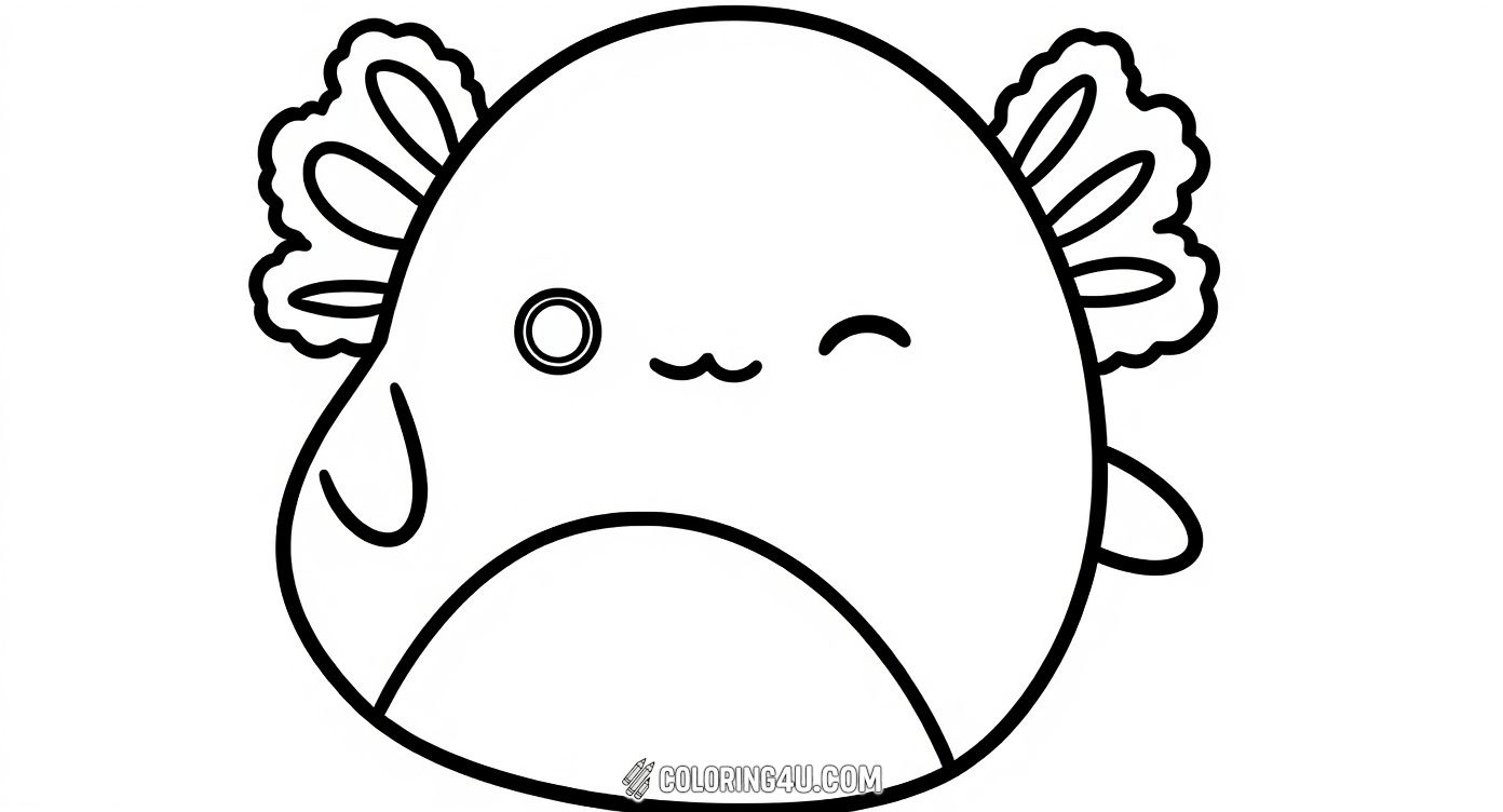 Meet Archie, the charming axolotl Squishmallow who is winking and inviting you underwater! This coloring page is perfect for kids who enjoy aquatic creatures and want to create a splash of color on this friendly, squishy character. Dive into fun and creativity as you color this cute underwater friend.
