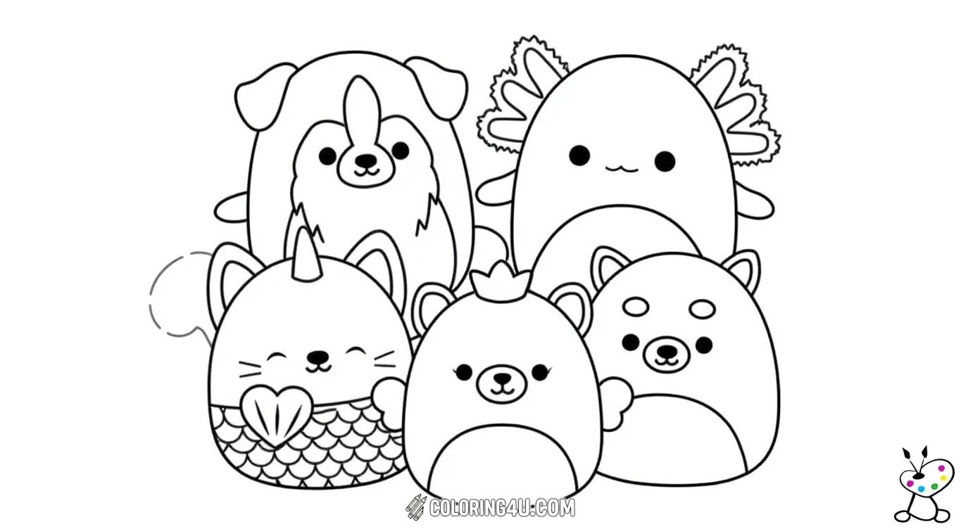 Discover a delightful group of cute Squishmallow characters all cuddled up together! This fun coloring page features a variety of adorable plush animals ready for you to bring them to life with your favorite colors. Perfect for kids who love squishy toys and creative coloring adventures.