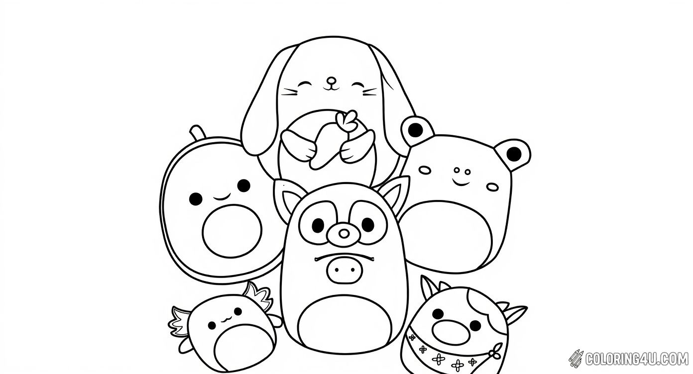 Discover a fun collection of squishmallow pals including a bunny, frog, unicorn, and more! This coloring page is perfect for kids to explore different shapes and designs while enjoying coloring these lovable squishmallow friends.