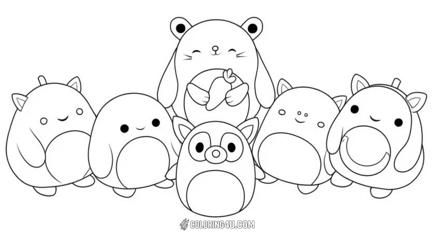 Get ready to color seven adorable Squishmallows plush toys gathered just for you! This engaging coloring page features a variety of lovable characters, including a unicorn, a bunny, a frog, and more. Perfect for kids who adore these cuddly creatures and want to explore their imagination through vibrant colors.