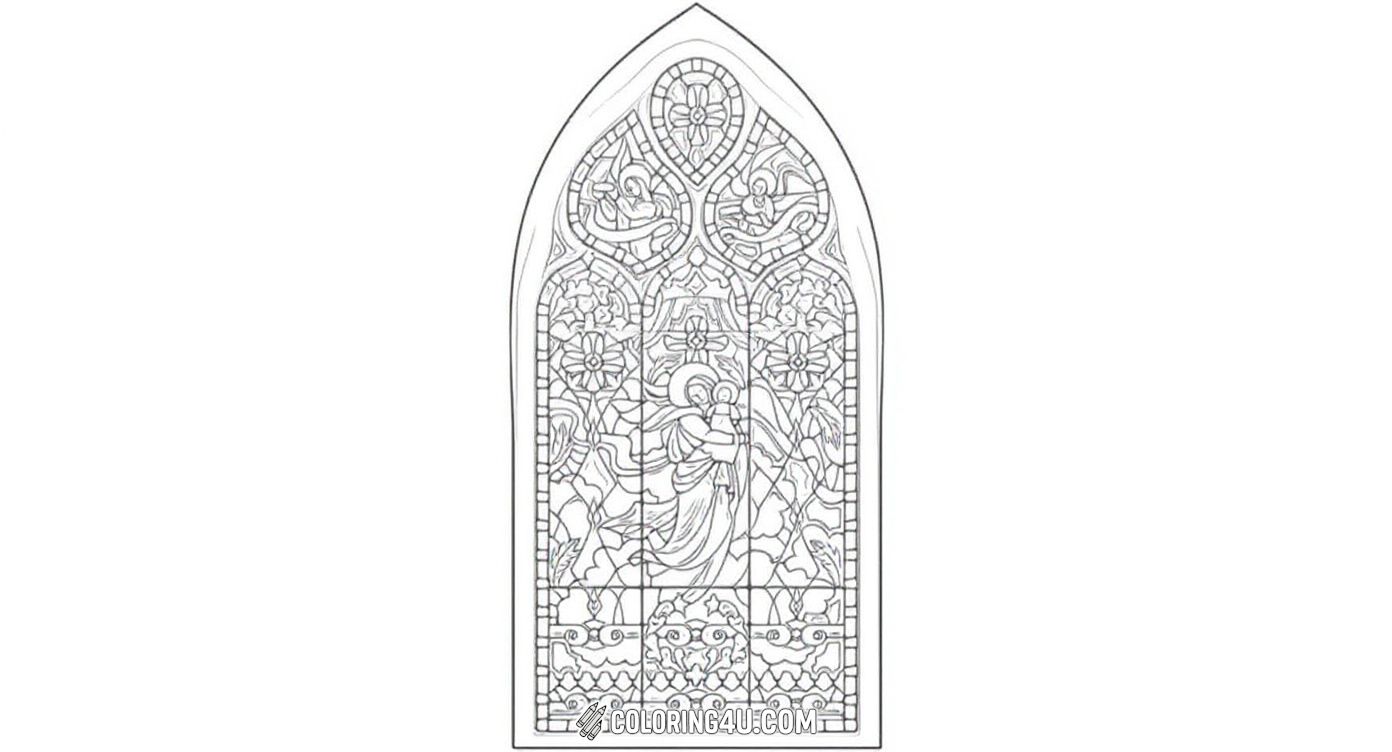 This stained glass coloring page features a classic and serene image of Madonna holding baby Jesus, surrounded by delicate floral and religious patterns. Children can enjoy coloring this beautiful and timeless scene that invites peace and imagination.