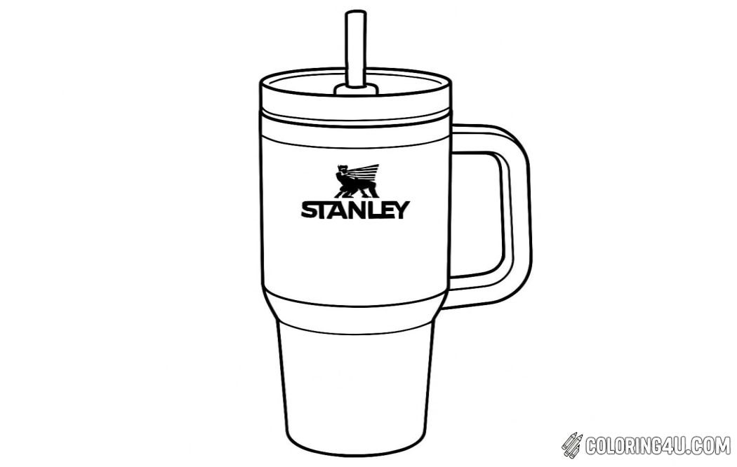 A tall Stanley tumbler with a sturdy handle is illustrated in a sleek and simple design, featuring the brand logo across the front with a lion emblem above it. The cup narrows toward the base for easy holding, while the top includes a fitted lid with a straw sticking out, giving it a practical look for everyday use. Its structured form and clean lines highlight both durability and style, making it recognizable as a classic Stanley drinking container.