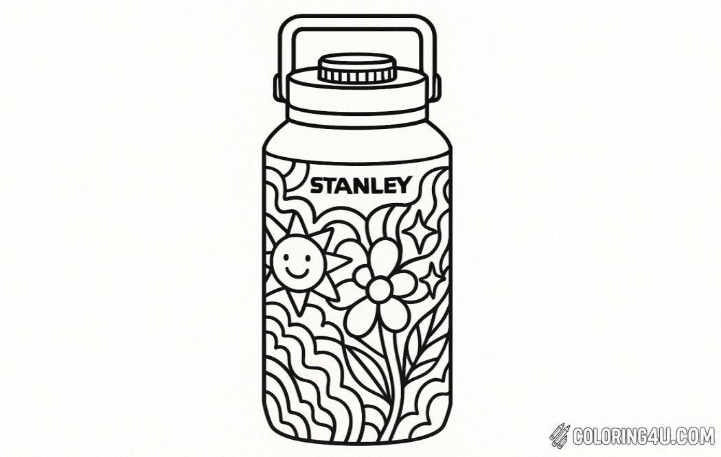 A coloring page featuring a Stanley water bottle showcasing a unique graphic design on its surface. The bottle is depicted in a front view, highlighting the iconic shape and a twist-off lid. The graphic design includes abstract patterns and shapes that invite coloring creativity, making it a fun addition to the Stanley water bottle collection.