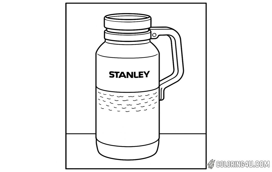 A simple line drawing of a Stanley water bottle featuring a sturdy handle and a wide mouth. The design showcases the bottle's iconic shape and textured surface, making it easy to recognize. The image is designed for coloring, with clear outlines and ample space for creative coloring choices. The bottle is depicted standing upright on a flat surface, with the handle positioned on the side, emphasizing its functionality and style.