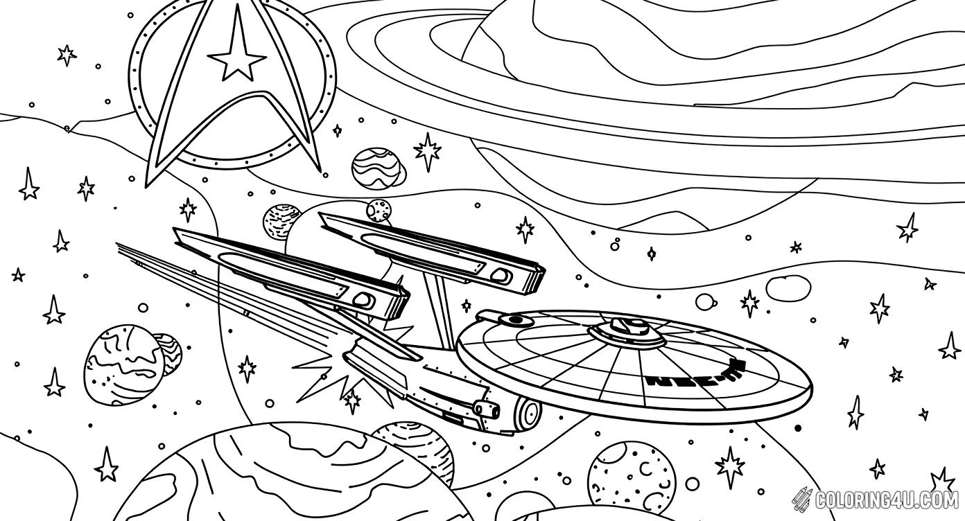 Dive into the universe with this exciting Star Trek coloring page featuring the iconic starship Enterprise flying through a vibrant galaxy filled with planets and stars. Kids can color the spaceship, the swirling rings of a distant planet, and boldly add their own colors to this adventure-ready scene.