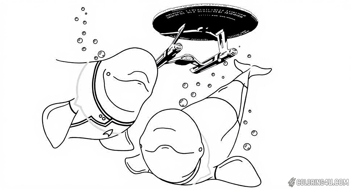 Get creative with this fun and playful Star Trek Lower Decks coloring page showing two adorable whales underwater with the USS Enterprise starship above them. Kids can enjoy coloring the gentle whales and the bubbles as they imagine an underwater space adventure like no other!