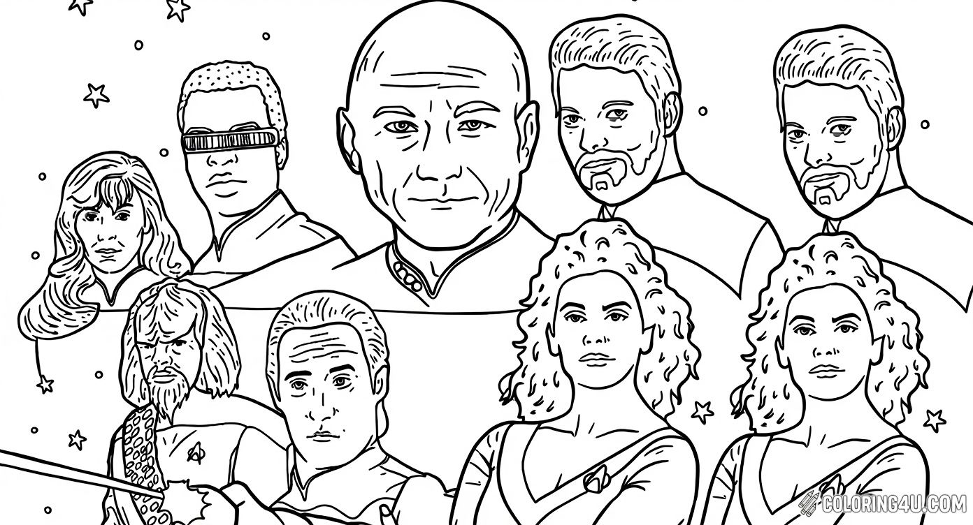 Join Captain Picard and his brave crew from Star Trek: The Next Generation in this detailed coloring page! Kids can bring to life the famous characters including Picard, Riker, Data, Worf, and more, while exploring space adventures aboard the starship shown below them.