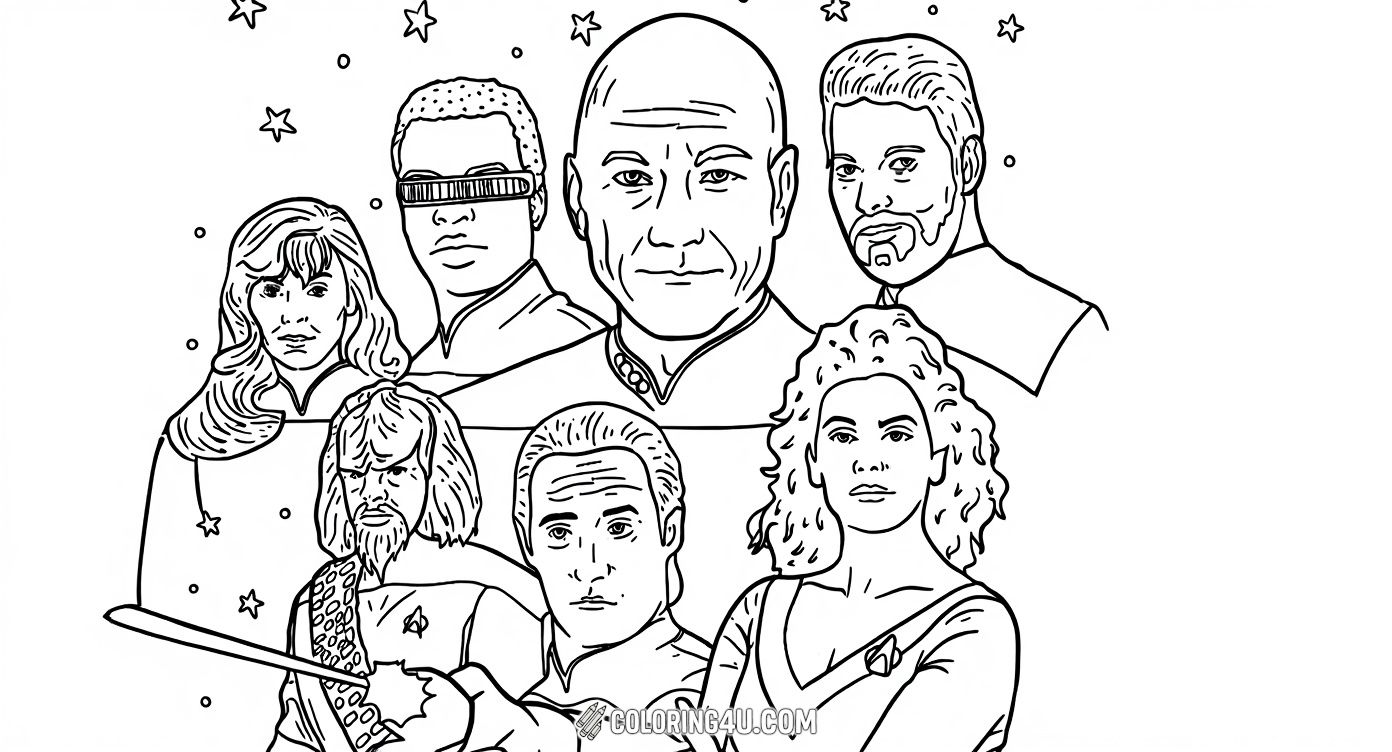 Meet the legendary crew of Star Trek: The Next Generation in this exciting coloring page. Featuring Captain Picard, Data, Worf, Geordi La Forge, and others alongside the iconic starship, kids can bring these beloved characters and their starship to life with vibrant colors and imagination.