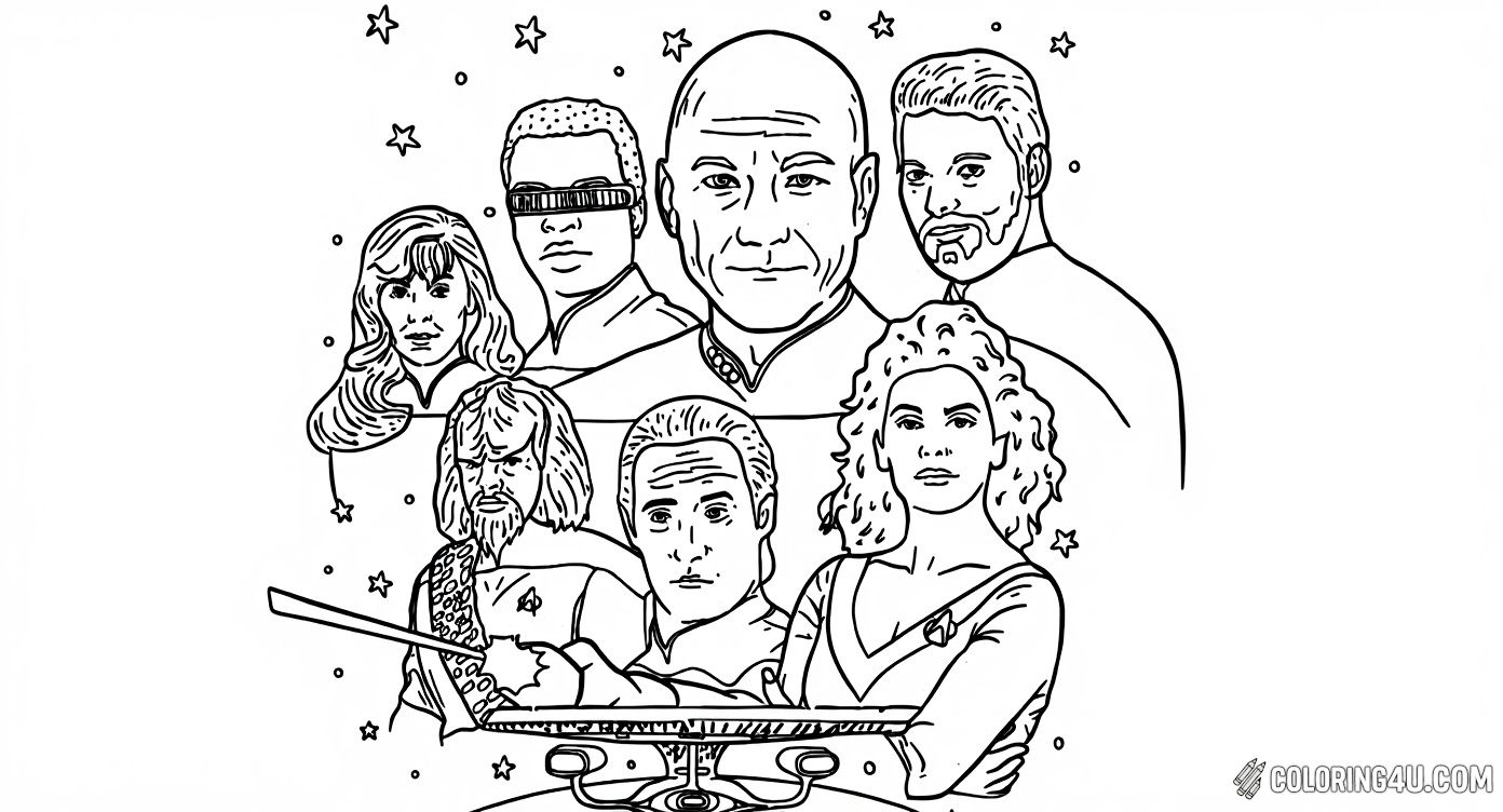 Meet the heroic crew of Star Trek: The Next Generation in this detailed coloring page! Featuring Captain Picard, Commander Riker, Data, Worf, Troi, La Forge, and Crusher, this page invites kids to bring their favorite space explorers to life with their own colorful imagination.
