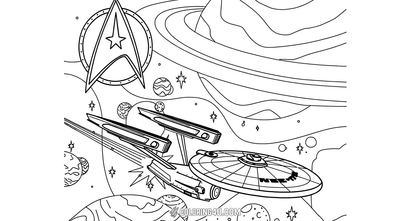 Explore the vast universe with the iconic USS Enterprise flying through a galaxy filled with planets and stars. This delightful Star Trek coloring page invites kids to bring space adventures to life with their favorite colors while discovering the wonders of deep space exploration.