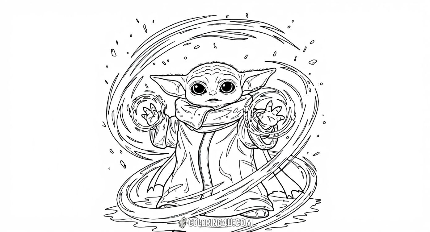 Color this magical image of Baby Yoda, also known as Grogu, as he uses the Force to create swirling energy around him. Kids will love adding vibrant colors to this powerful little character from The Mandalorian, capturing the wonder of his special abilities.
