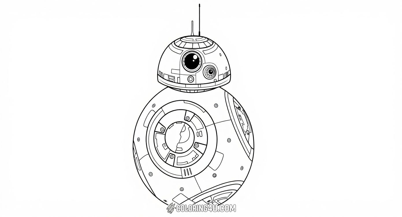 Meet BB-8, the adorable and clever droid from Star Wars: The Force Awakens. This simple yet detailed coloring page is perfect for kids to color and imagine the adventures BB-8 has with his friends across the galaxy.