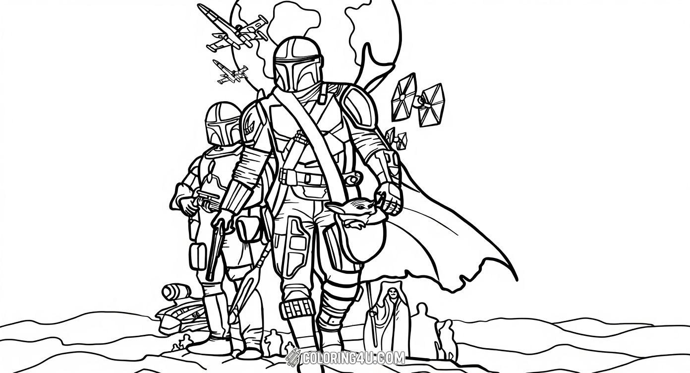 Join the exciting journey of The Mandalorian and Baby Yoda as they explore distant planets surrounded by starships and mysterious figures. This adventurous coloring page lets kids bring to life these iconic characters from the Star Wars universe in a thrilling space setting.