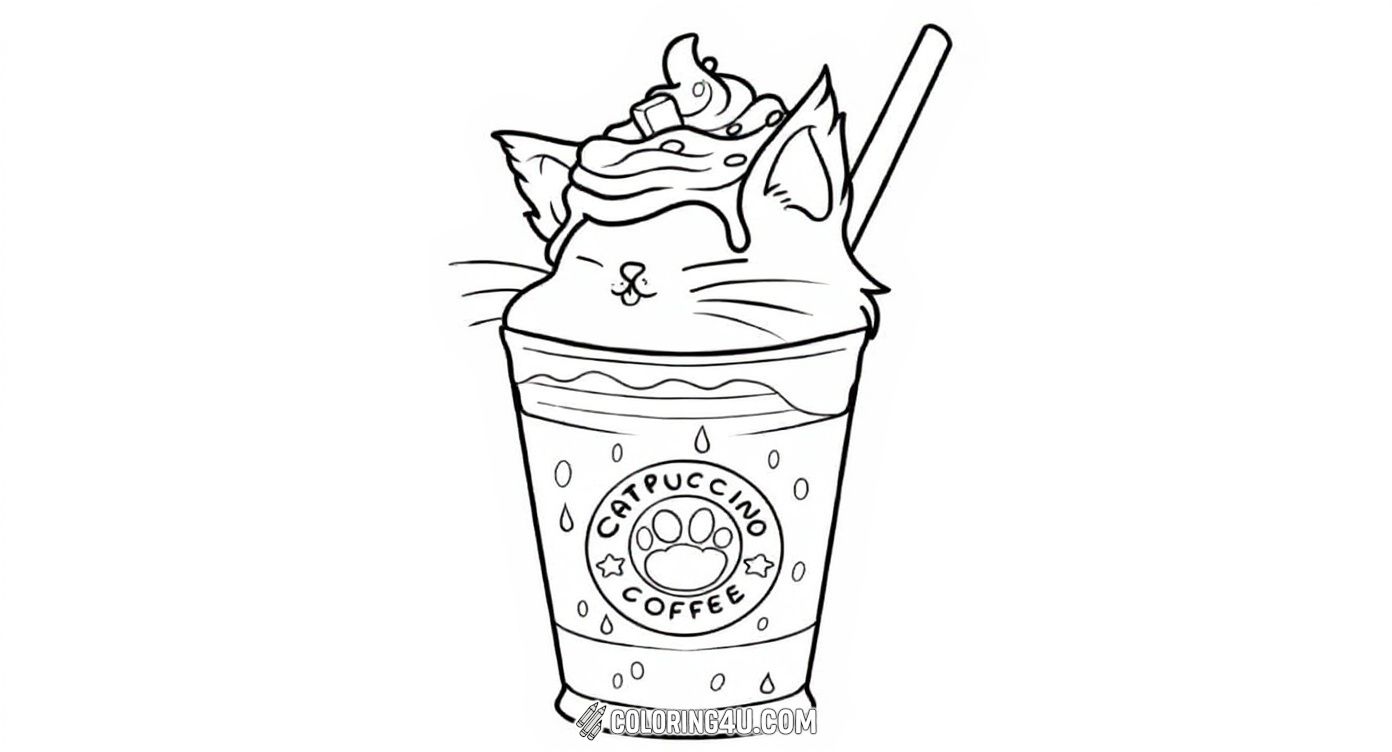 Meet the cute Catpuccino, a cozy coffee cup topped with a charming cat made of whipped cream! Kids will love adding vibrant colors to this amusing coffee cup character, complete with a straw and paw-print logo, making this coffee treat irresistibly fun to color.