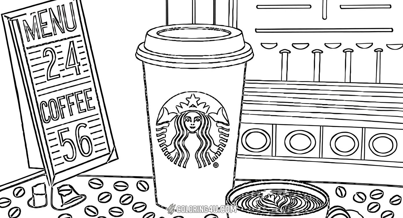 This detailed coloring page showcases a classic Starbucks coffee cup alongside a beautifully crafted latte, scattered coffee beans, and a menu board in the background. Kids can dive into a coffee shop scene, coloring the rich textures and cozy ambiance with warm and inviting hues.