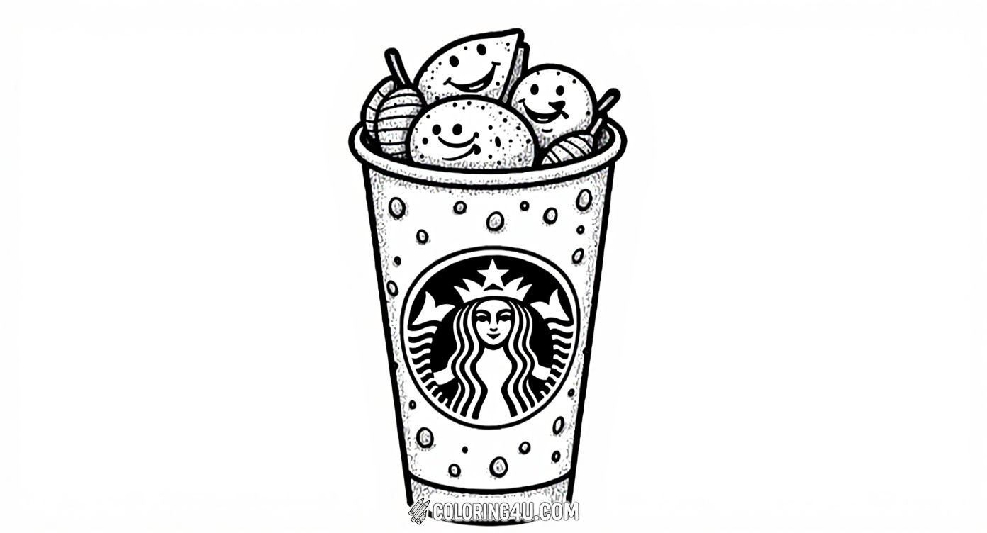 This delightful coloring page features a Starbucks cup filled with adorable smiling citrus fruits and candies. Kids can have fun adding bright colors to the happy faces and the bubbling texture of the cup, bringing this cheerful snack drink to life!