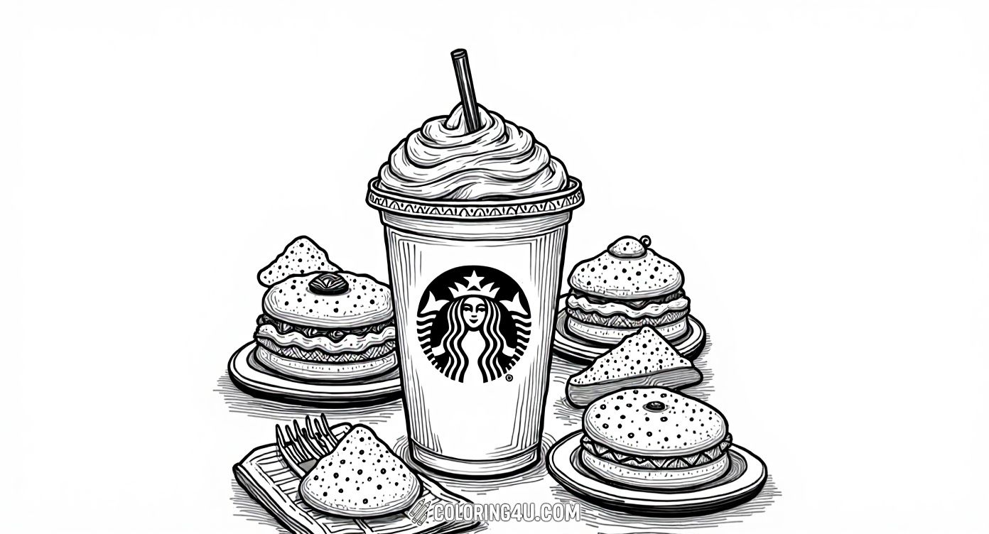 This delightful coloring page showcases a tall Starbucks Frappuccino topped with whipped cream alongside various delicious desserts. Kids can explore different colors as they fill in the refreshing drink, the whipped cream, and the assortment of tasty pastries, making this an enjoyable and tasty-themed art activity.
