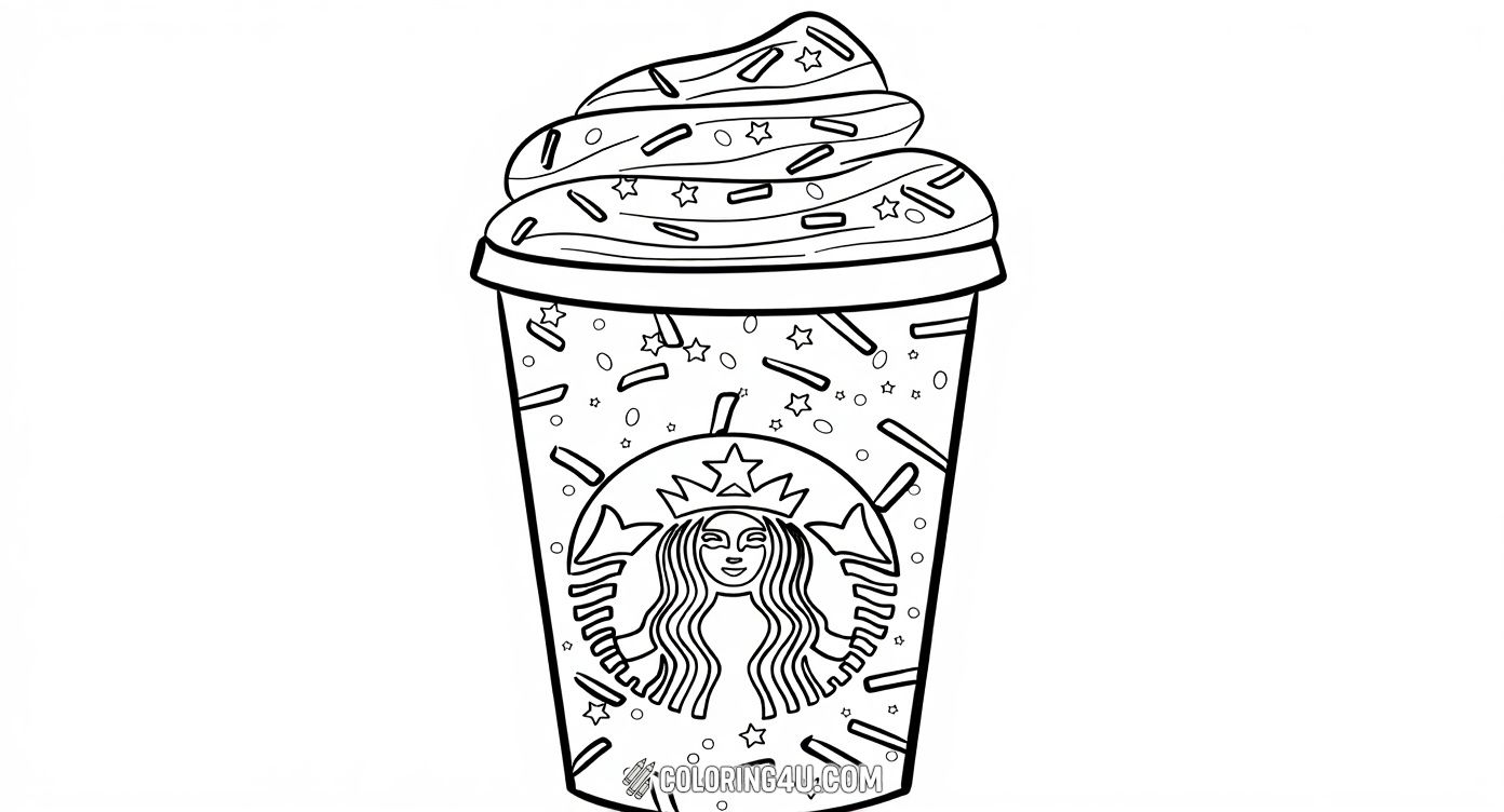 Get ready to color a festive Starbucks frappuccino decorated with plenty of fun sprinkles and sparkling stars all around! This playful page invites kids to use bright and joyful colors to make the whipped topping and cup shine, perfect for coffee lovers and creative artists alike.