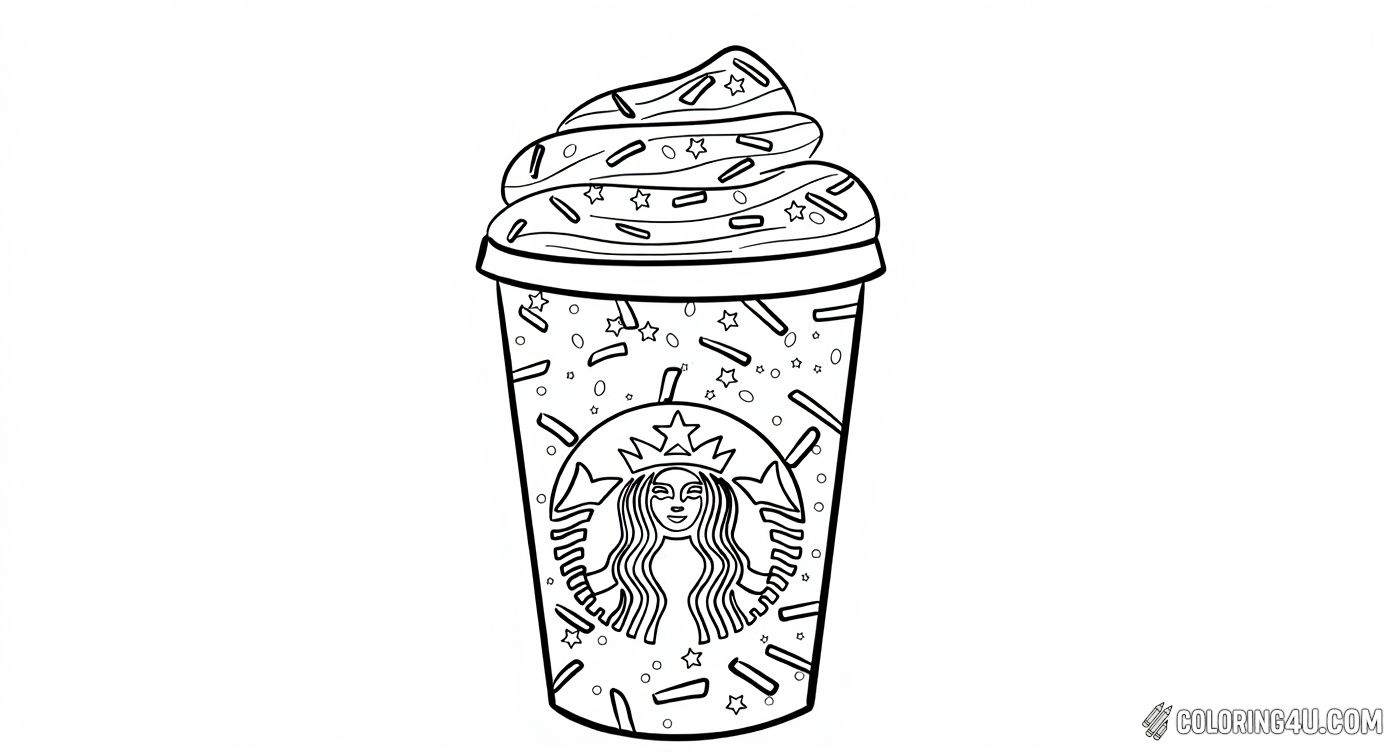 This fun coloring page features a delicious Starbucks frappuccino covered with creamy whipped topping and festive sprinkles. Kids can enjoy bringing this tasty drink to life with their favorite colors while exploring the fun Starbucks logo on the cup.