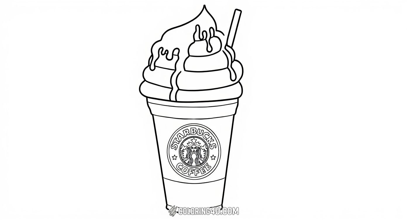 This fun coloring page features a delicious Starbucks frappuccino topped with creamy whipped topping and drizzle, surrounded by cute hearts and stars. Kids can enjoy bringing this chilly treat to life with their favorite colors while imagining a refreshing coffee delight!