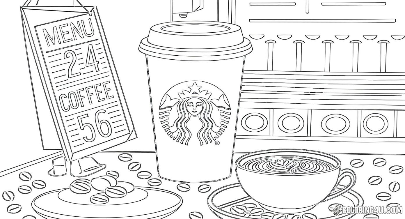 This detailed coloring page showcases a Starbucks hot coffee cup next to a beautifully crafted latte and a frappe in the background. Kids will have a blast coloring the rich details of coffee beans, cups, and café menu, making it a perfect treat for young art lovers.