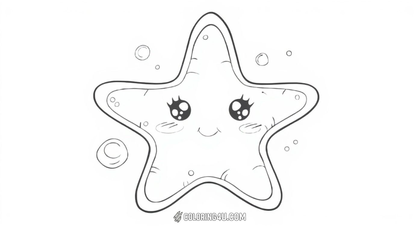 This coloring page features an adorable ocean starfish with big sparkling eyes and a sweet smile, surrounded by playful bubbles. Perfect for kids who love cute sea creatures and want to add bright colors to this cheerful underwater friend.