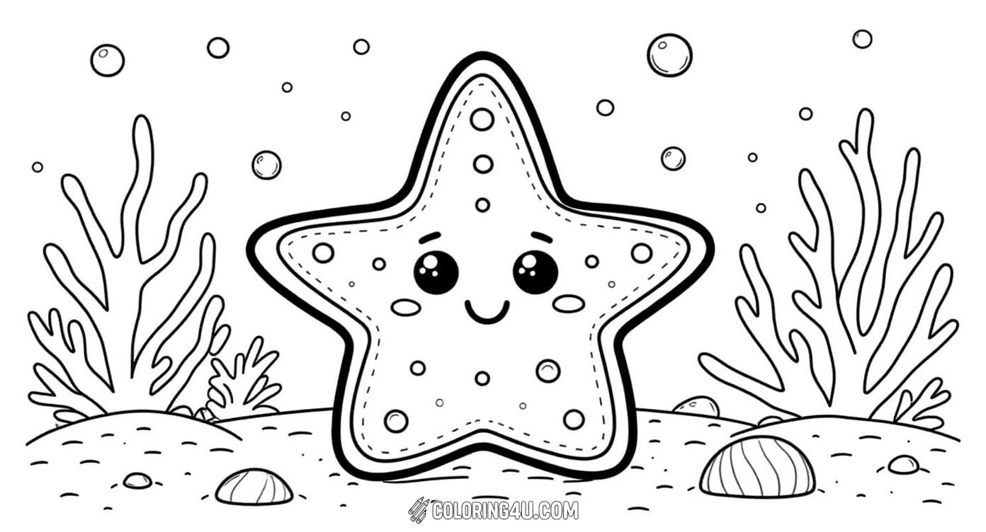 Get ready for a splash of fun with this adorable coloring page featuring a smiling starfish in an underwater scene complete with coral and seashells. Kids will love coloring this happy ocean friend and the beautiful underwater world around it.