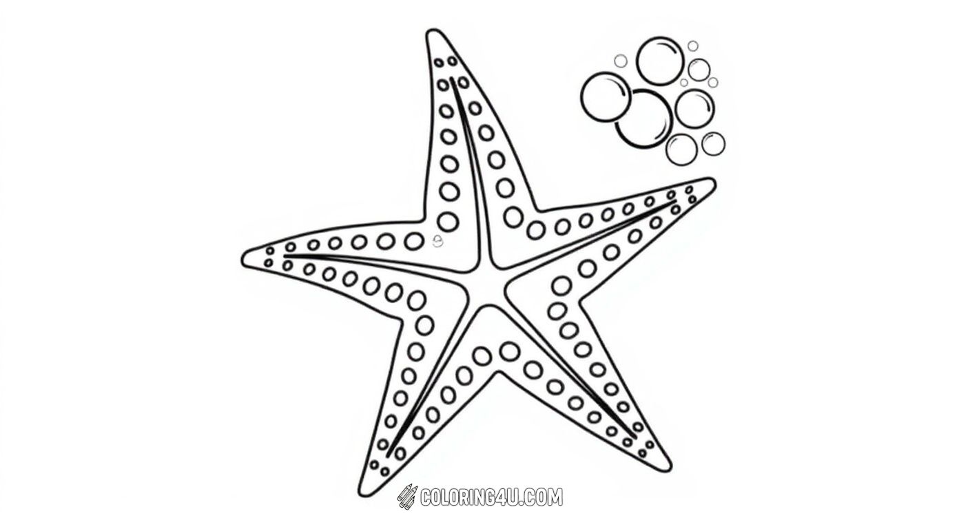 Dive underwater with this delightful coloring page that showcases a single large starfish surrounded by playful bubbles. It's a fun opportunity for kids to explore ocean life and get creative with their favorite colors.