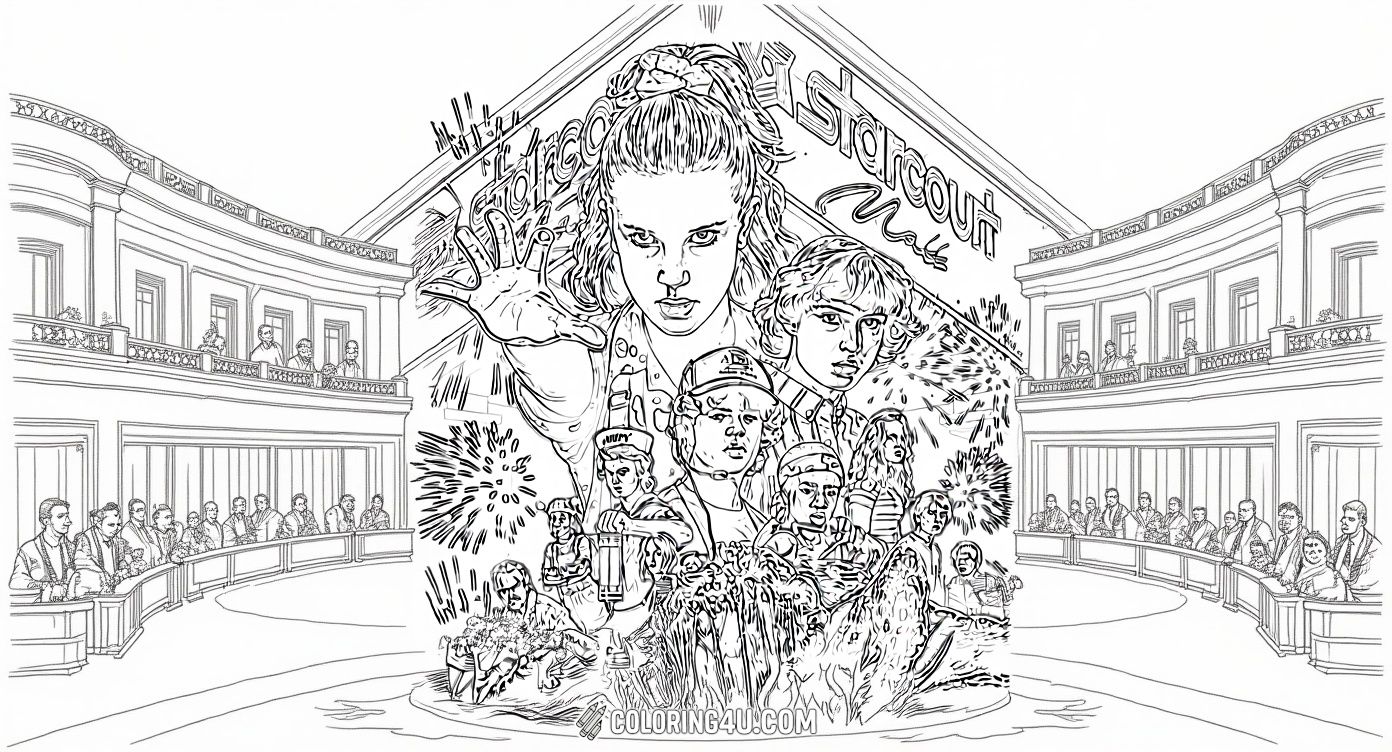 Get ready to color a thrilling Stranger Things scene showcasing Eleven using her powers with Mike and other friends from Hawkins in front of the Starcourt Mall. The page is filled with adventurous details and scary creatures that will spark your creativity and imagination.
