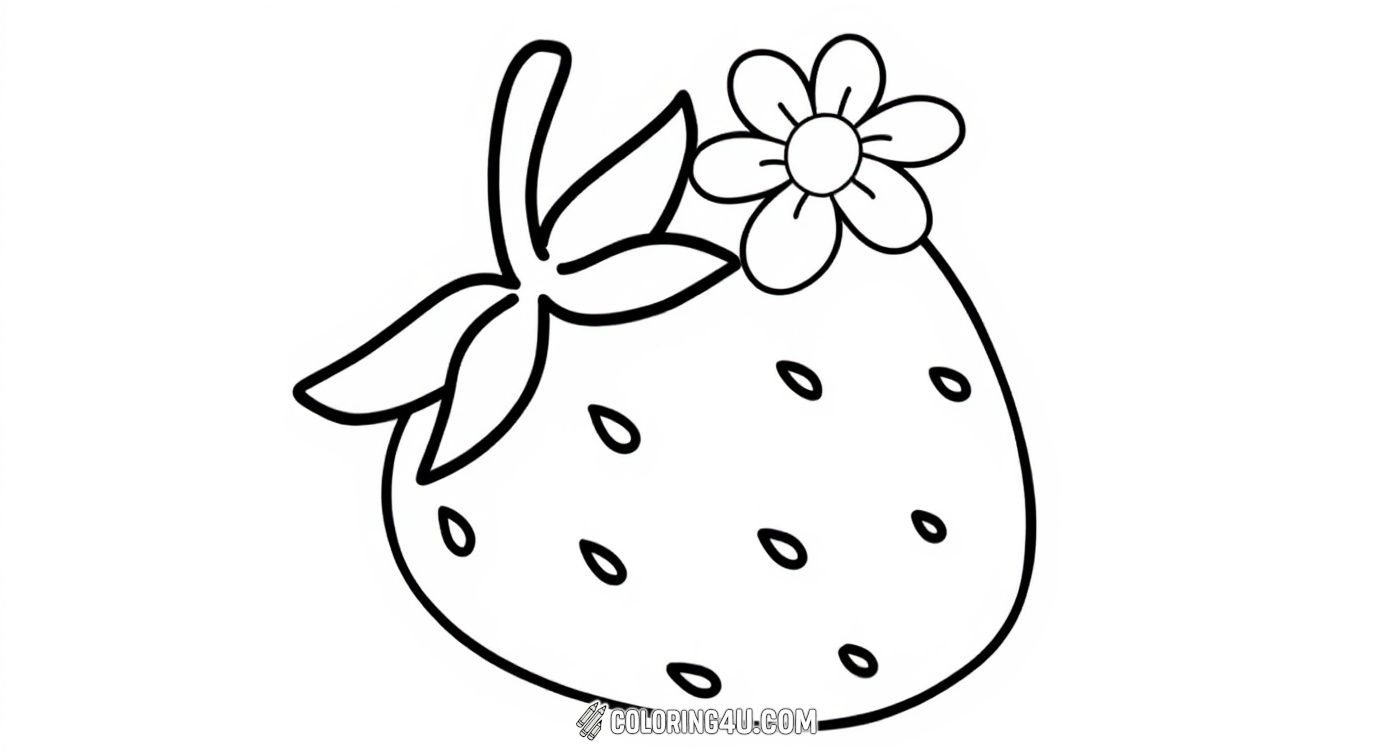 Get ready to color a charming strawberry with seeds, a leafy stem, and a pretty flower on top. The word 'Strawberry' is written above, making this page perfect for kids who want to learn the name and enjoy coloring a delightful fruit.