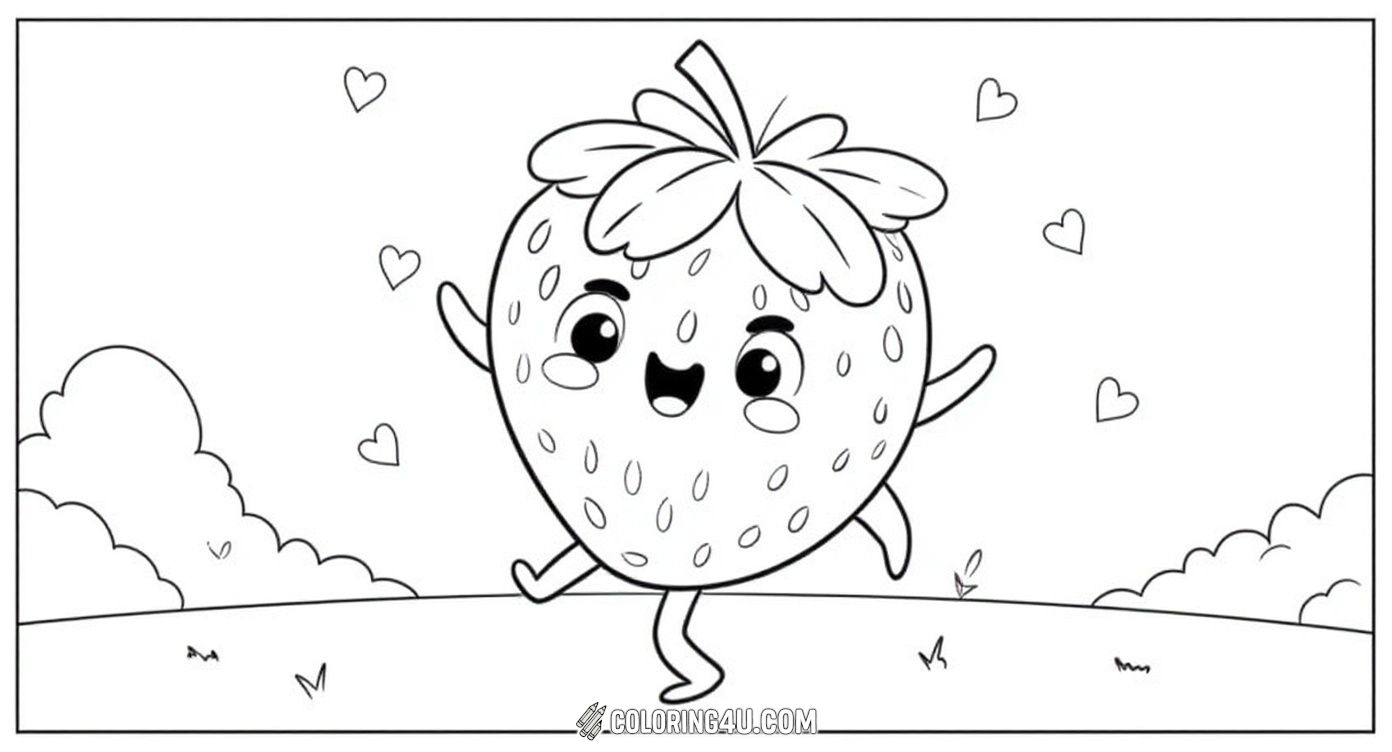 Bring joy to your coloring time with this adorable strawberry character who is cheerfully dancing surrounded by little hearts. This playful strawberry invites kids to add bright colors and create a happy, lively scene full of fun and sweetness.