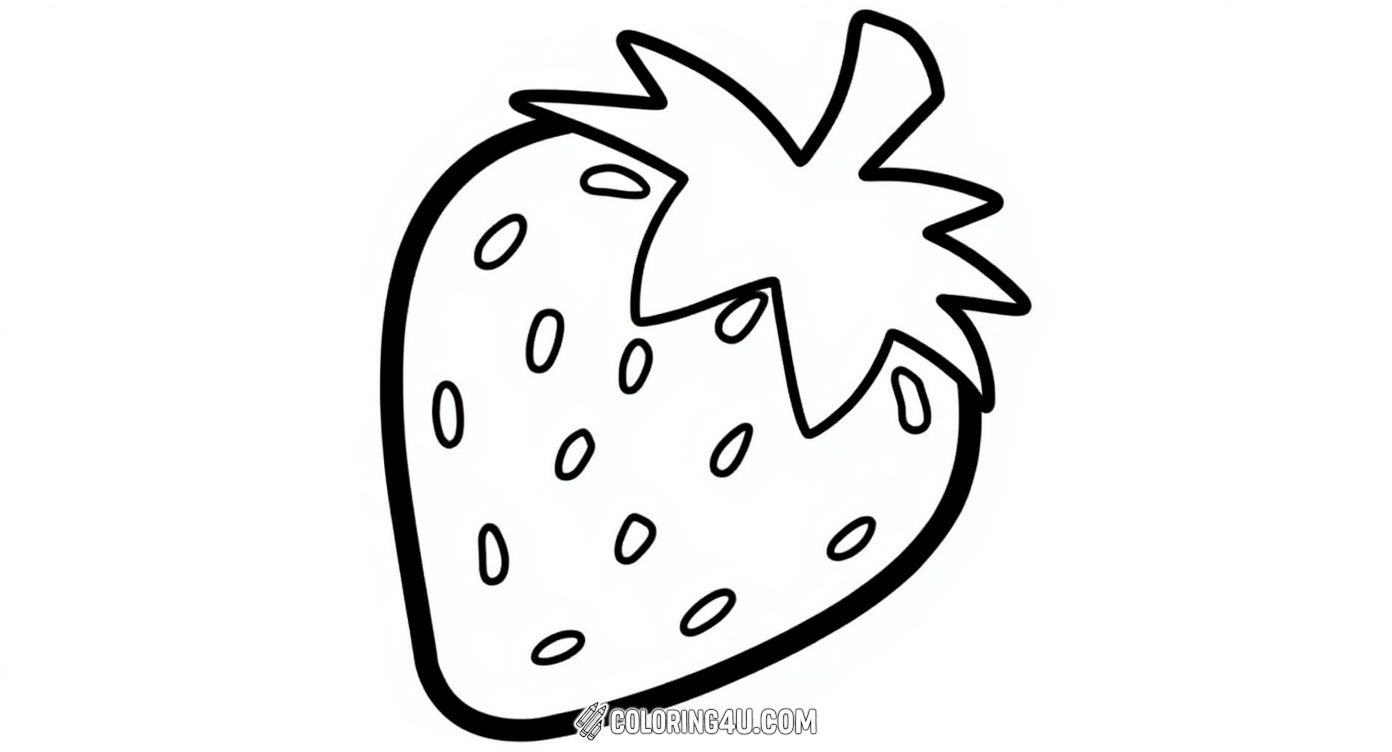 This fun and simple coloring page features a large strawberry with seeds and a leafy top outline, perfect for young artists to practice their coloring skills and bring this sweet fruit to life with their favorite colors.