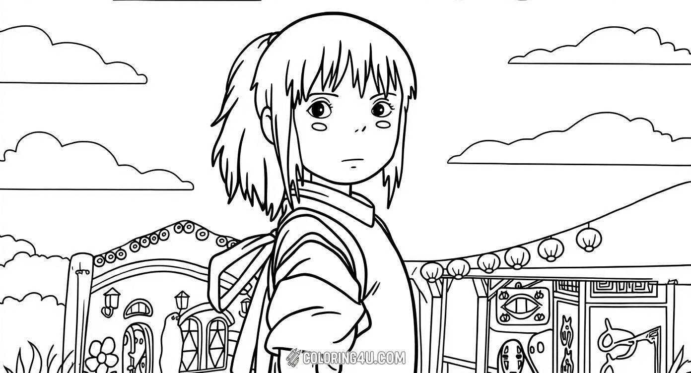 Step into the magical world of Spirited Away with this captivating coloring page showing Chihiro, the brave young heroine, looking over her shoulder in the mysterious spirit town. Kids can color the lively background filled with whimsical architecture and friendly spirits, letting their creativity shine as they explore this enchanting tale.