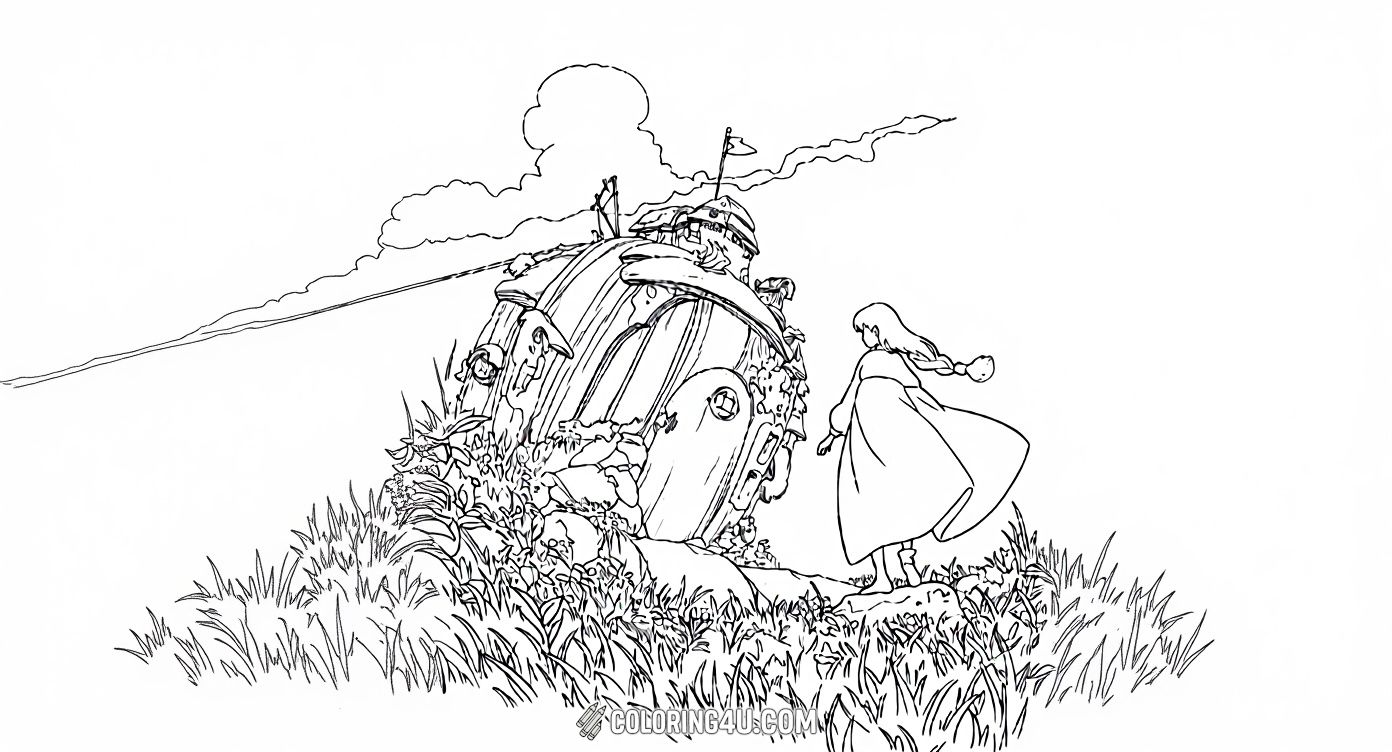 Bring the wonder of Howl's Moving Castle to life with this beautiful coloring page featuring Sophie walking towards the large, magical walking castle. Kids will enjoy adding color to the lush grass, the detailed castle, and the wide-open sky, sparking their imagination in this enchanting Studio Ghibli world.
