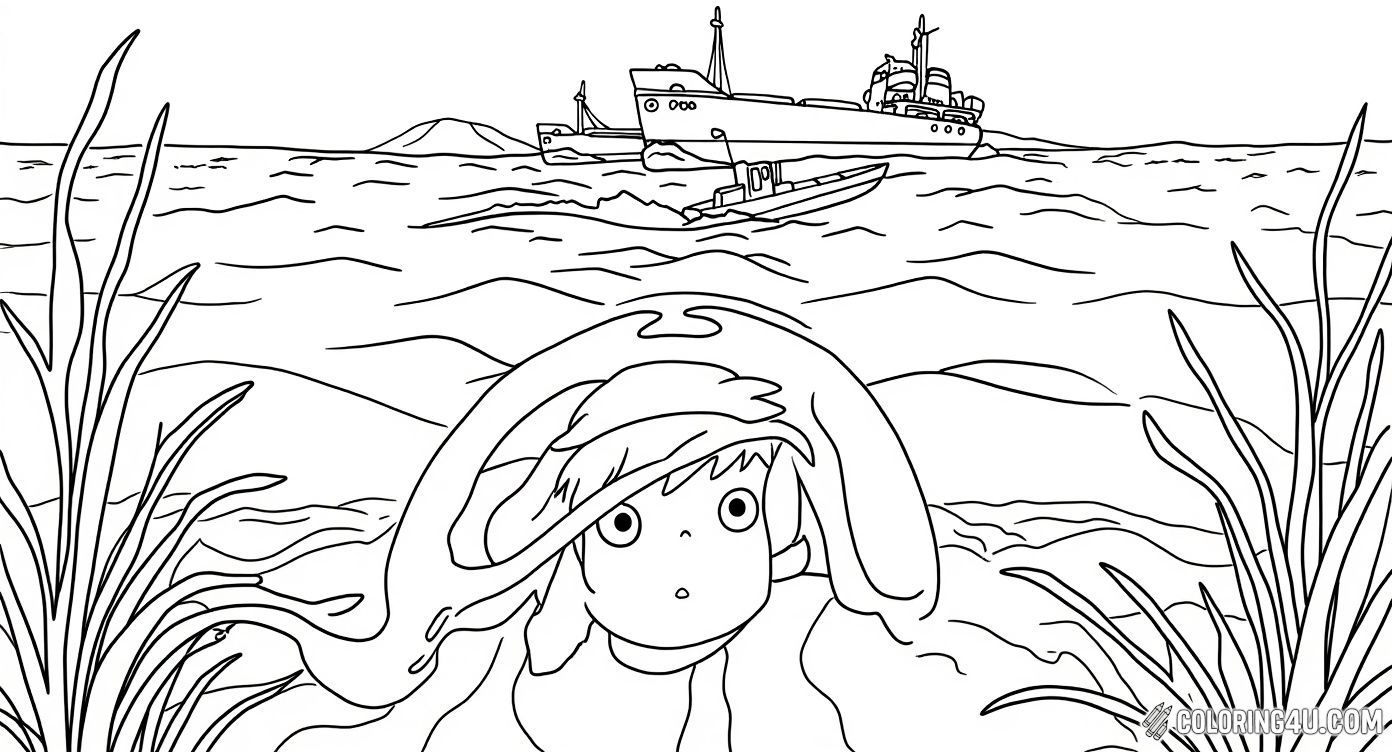 This exciting coloring page depicts Ponyo, the curious little goldfish girl from Ponyo, peeking out from under a blanket of seaweed near ships sailing in the background. Kids will enjoy adding vibrant colors to this underwater adventure full of wonder and discovery.