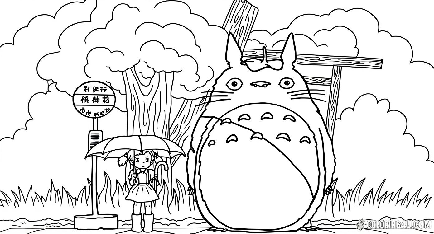 Printable coloring page of Totoro And Satsuki Waiting At Bus Stop from the Studio Ghibli category.