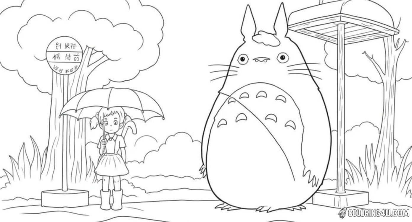 In this charming coloring page, the friendly forest spirit Totoro is seen waiting at a bus stop alongside little Satsuki from My Neighbor Totoro. With an umbrella in hand and surrounded by tall trees, this delightful scene invites children to color a magical moment of friendship and nature.