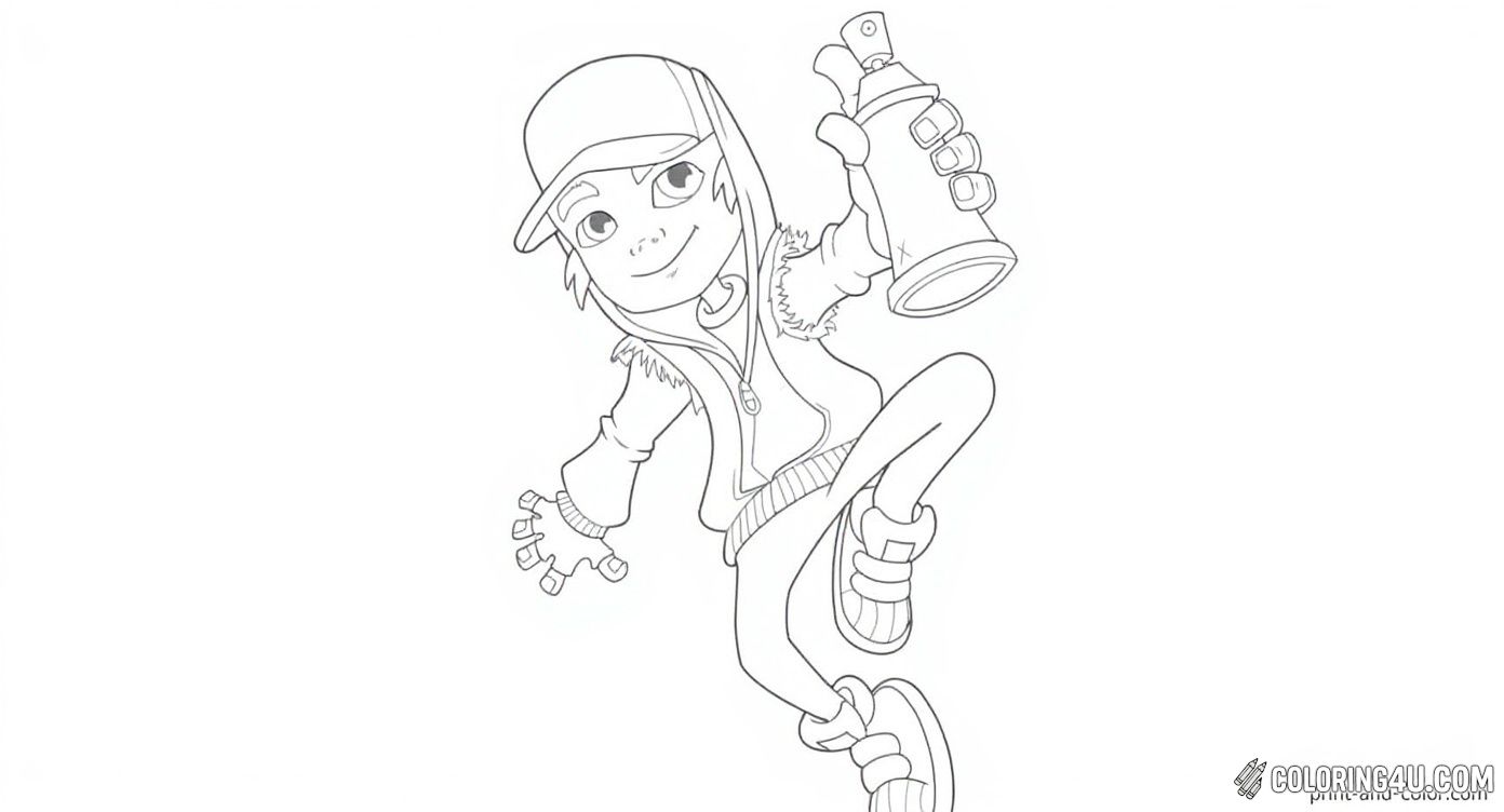 Color in Jake, the adventurous hero from Subway Surfers, as he holds a spray can ready for action. This cool coloring page captures Jake's energetic spirit and is perfect for kids who love drawing and street art creativity!