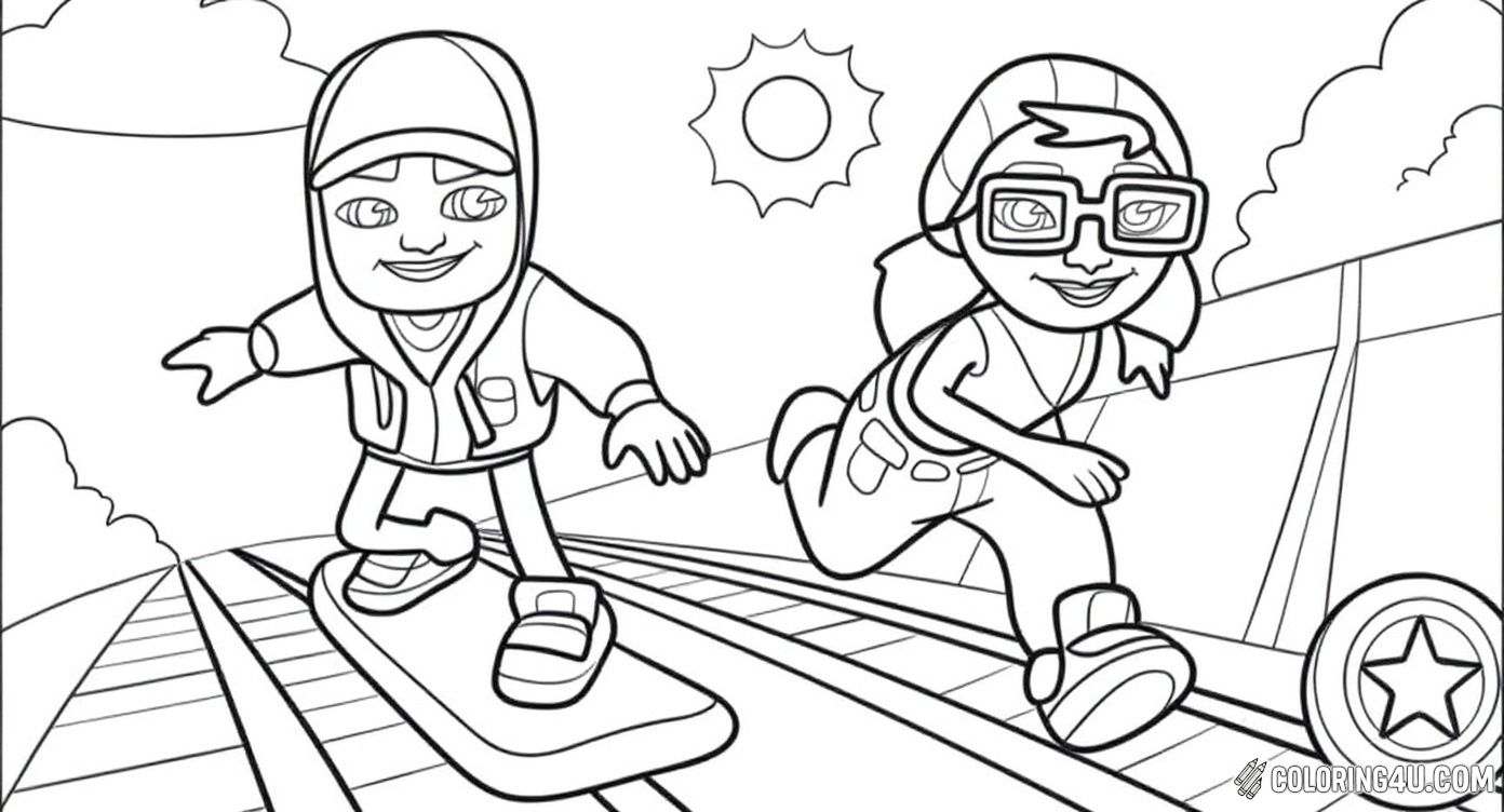 Join these fun Subway Surfers characters as they skate along the railway tracks under a bright sunny sky. This exciting coloring page invites kids to bring to life the dynamic duo as they speed through the adventurous world of Subway Surfers!
